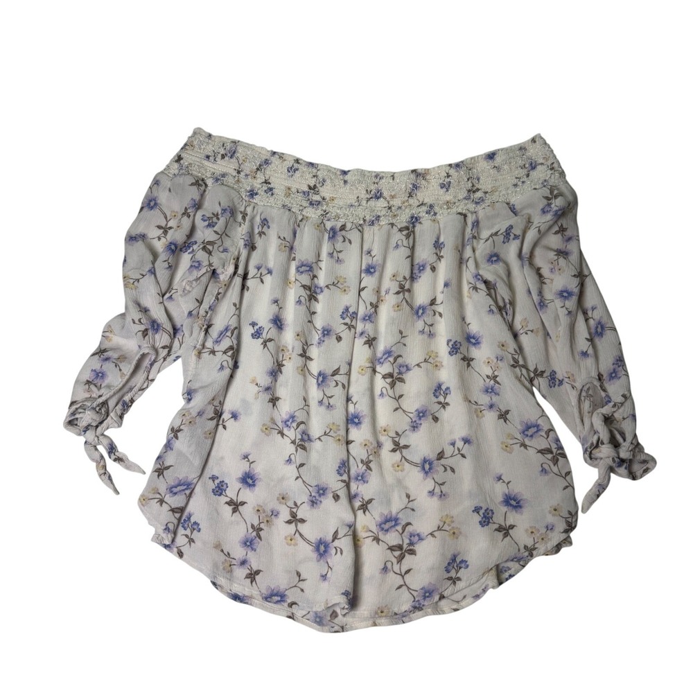 American Eagle Floral Off The Shoulder Smocked Blouse White Blue Large L - Picture 3 of 8